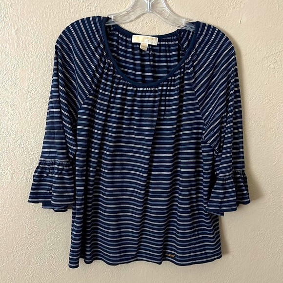 Women’s Michael Kors Stripe Top, Bell Sleeves, Large, Blue - Picture 1 of 6